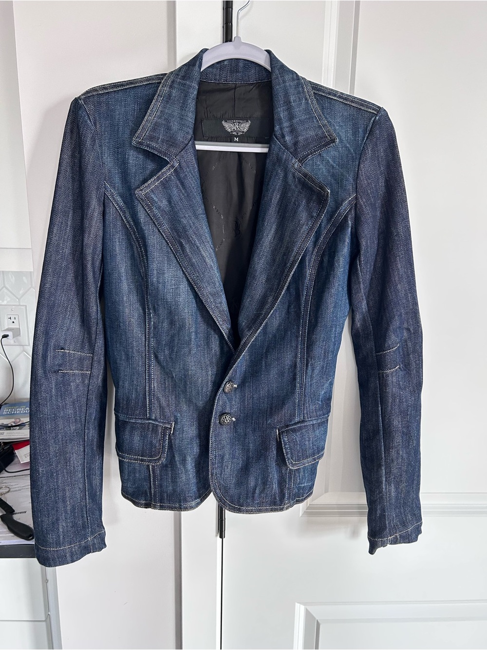 Rock & Republic Y2K Dark Blue Denim Jacket Skull Winged R&R Embroidery Edgy Punk